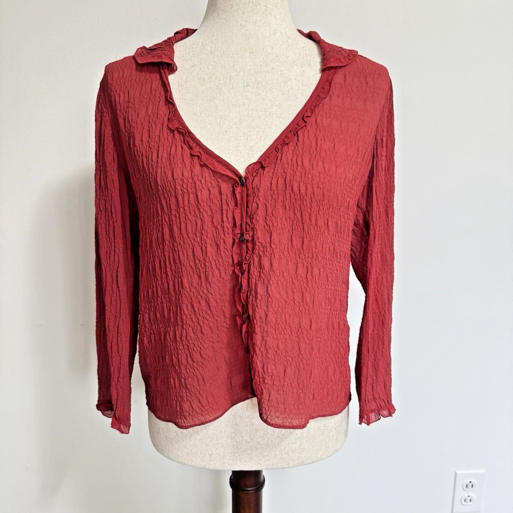 MAX Studio 99% Silk Blouse Top Red Crinkle Button Down XS